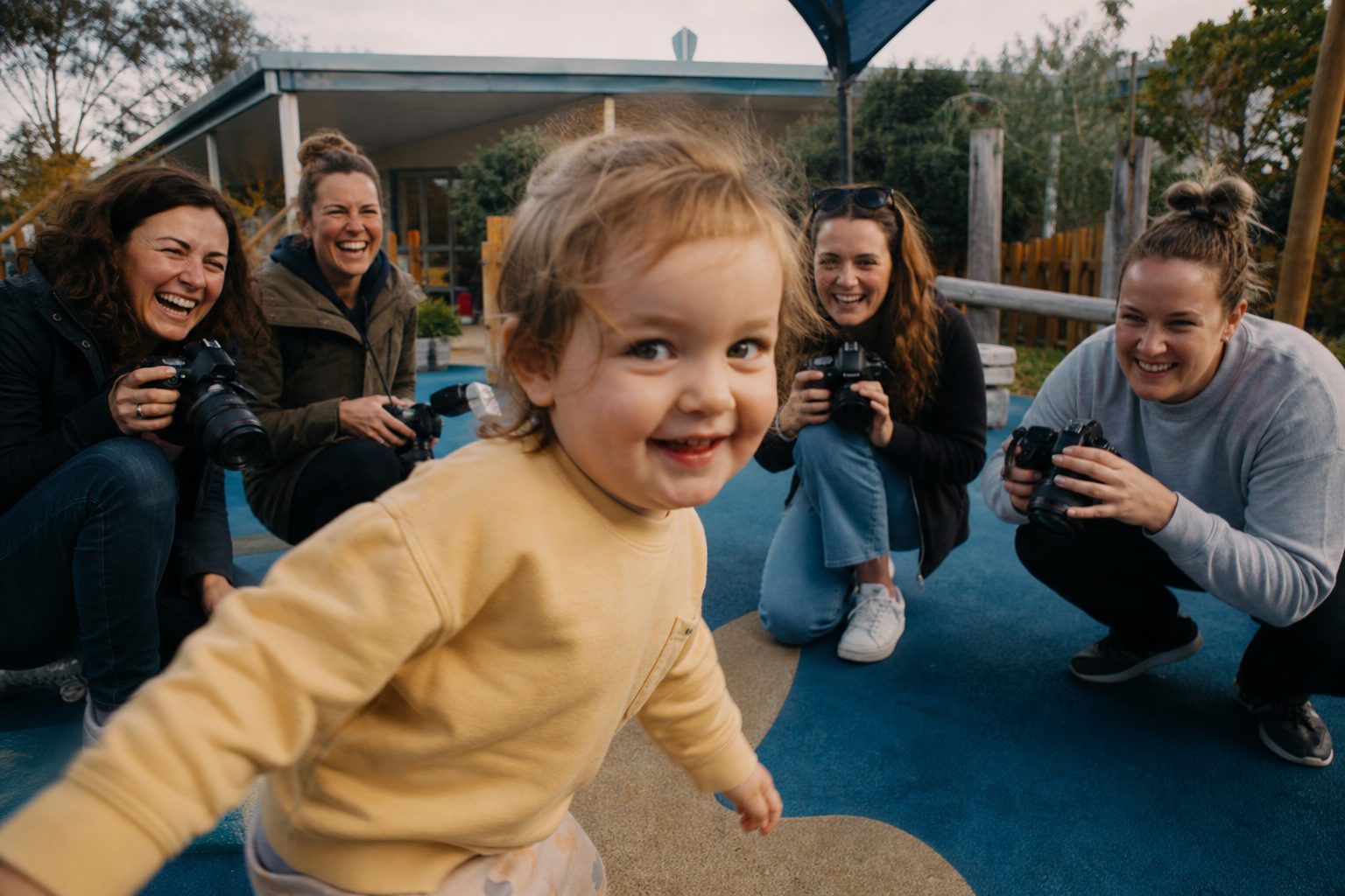 Four photographers laughing together outside a Melbourne childcare centre