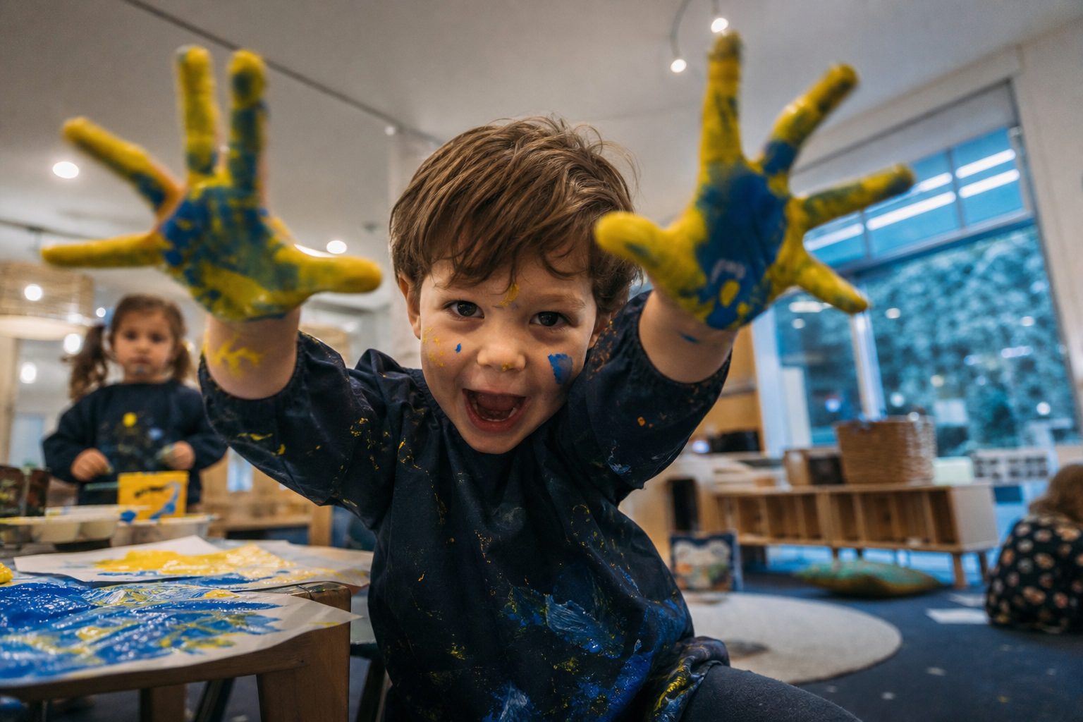 Child with paint on their hands holding them up proudly