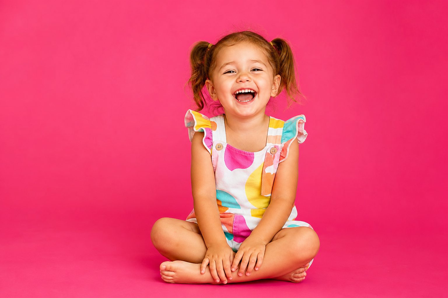 A laughing child photographed against a vivid painted wall in bright colour