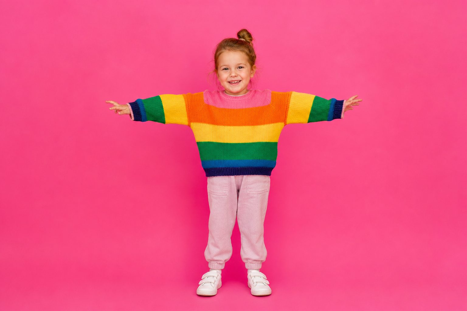 A child in a bright rainbow jumper against a hot pink background