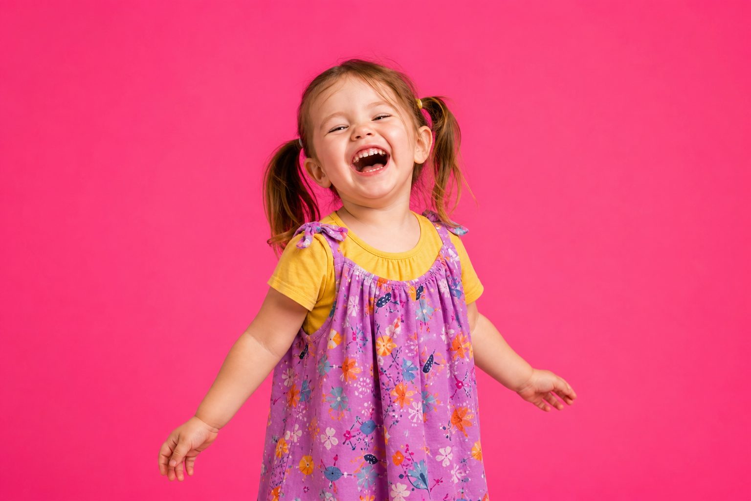 Child against a hot pink backdrop laughing
