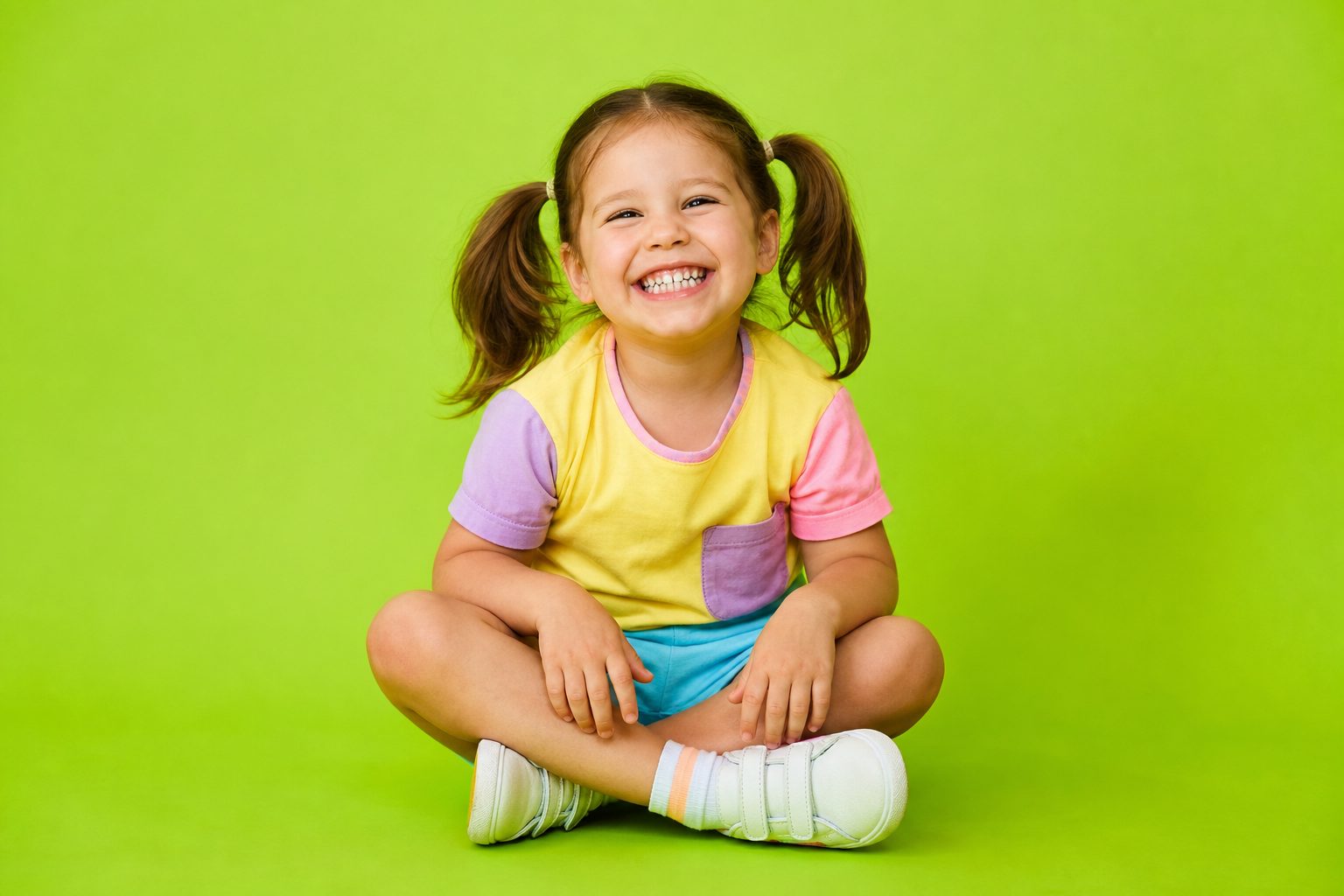 Child against a lime green backdrop with a huge grin