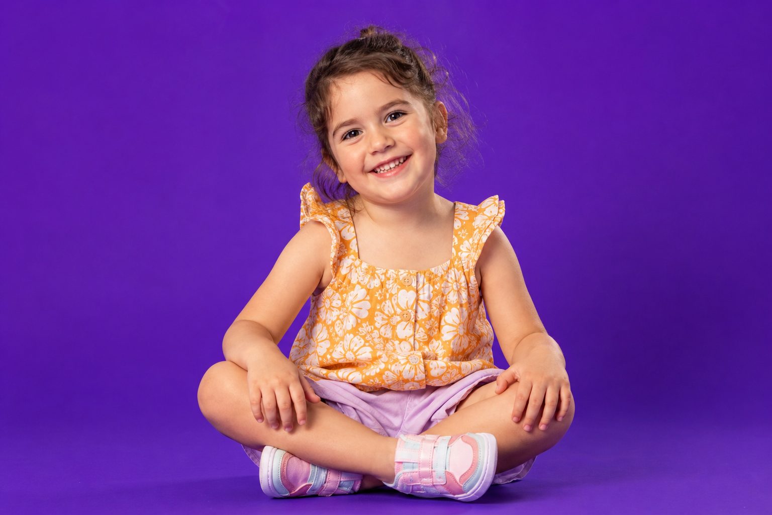 Child against a bright violet backdrop looking delighted