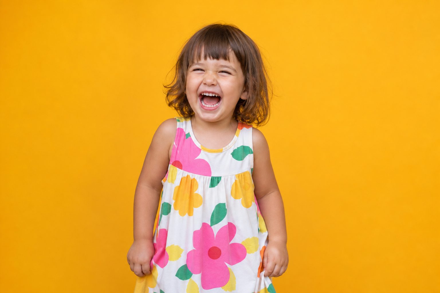 Child against a marigold yellow backdrop mid laugh