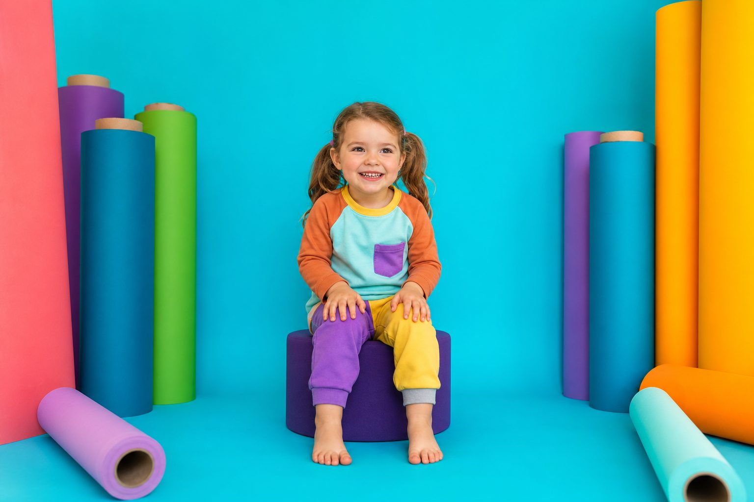A photographer surrounded by rolls of brightly coloured backdrop paper