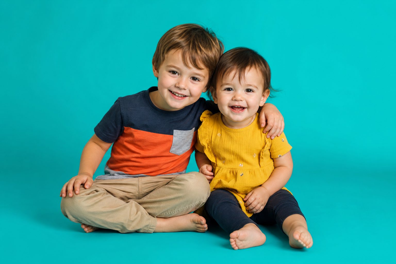 Two siblings photographed together against a vivid teal background