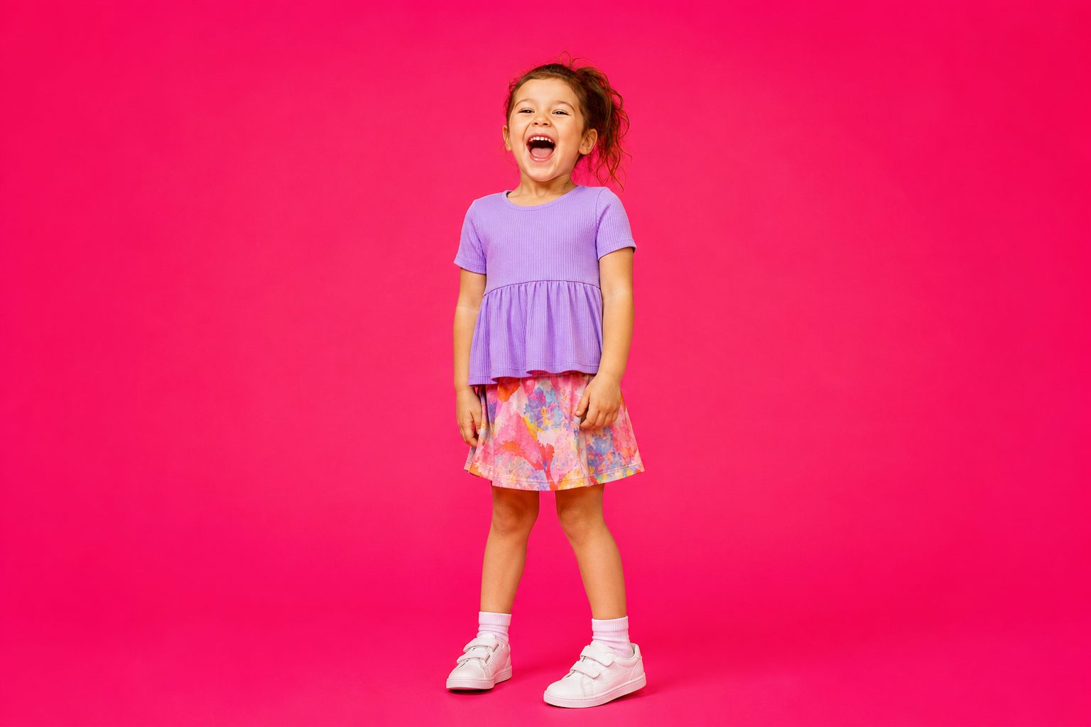 Child against a hot pink backdrop with a wide open laugh