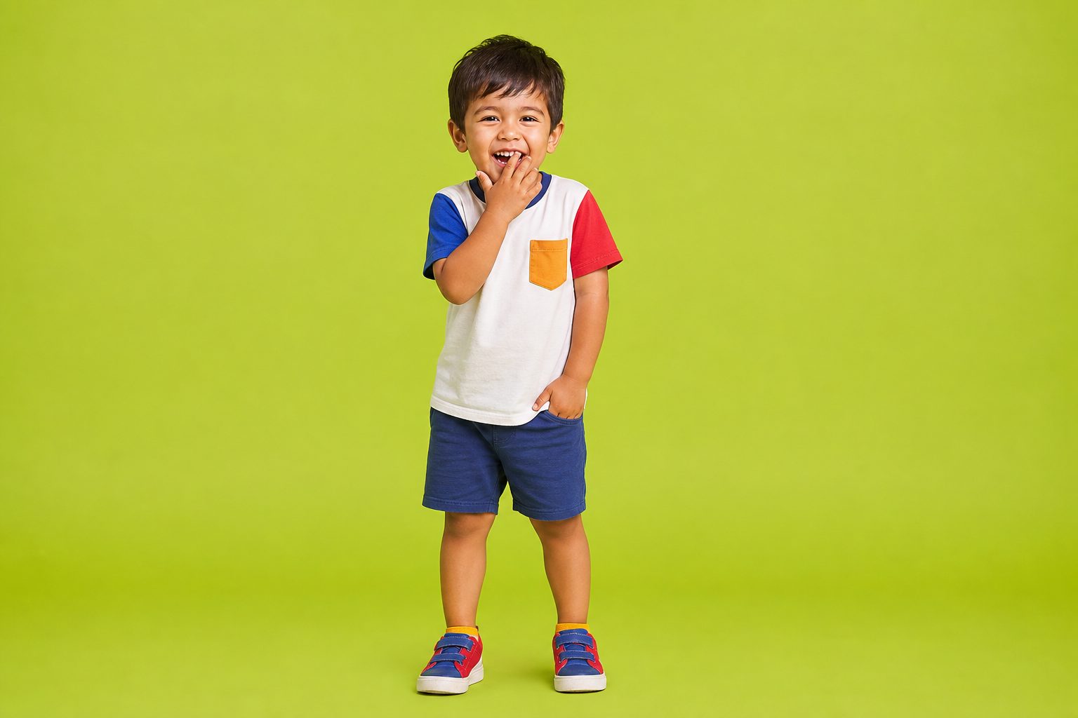 Child against a lime backdrop mid giggle