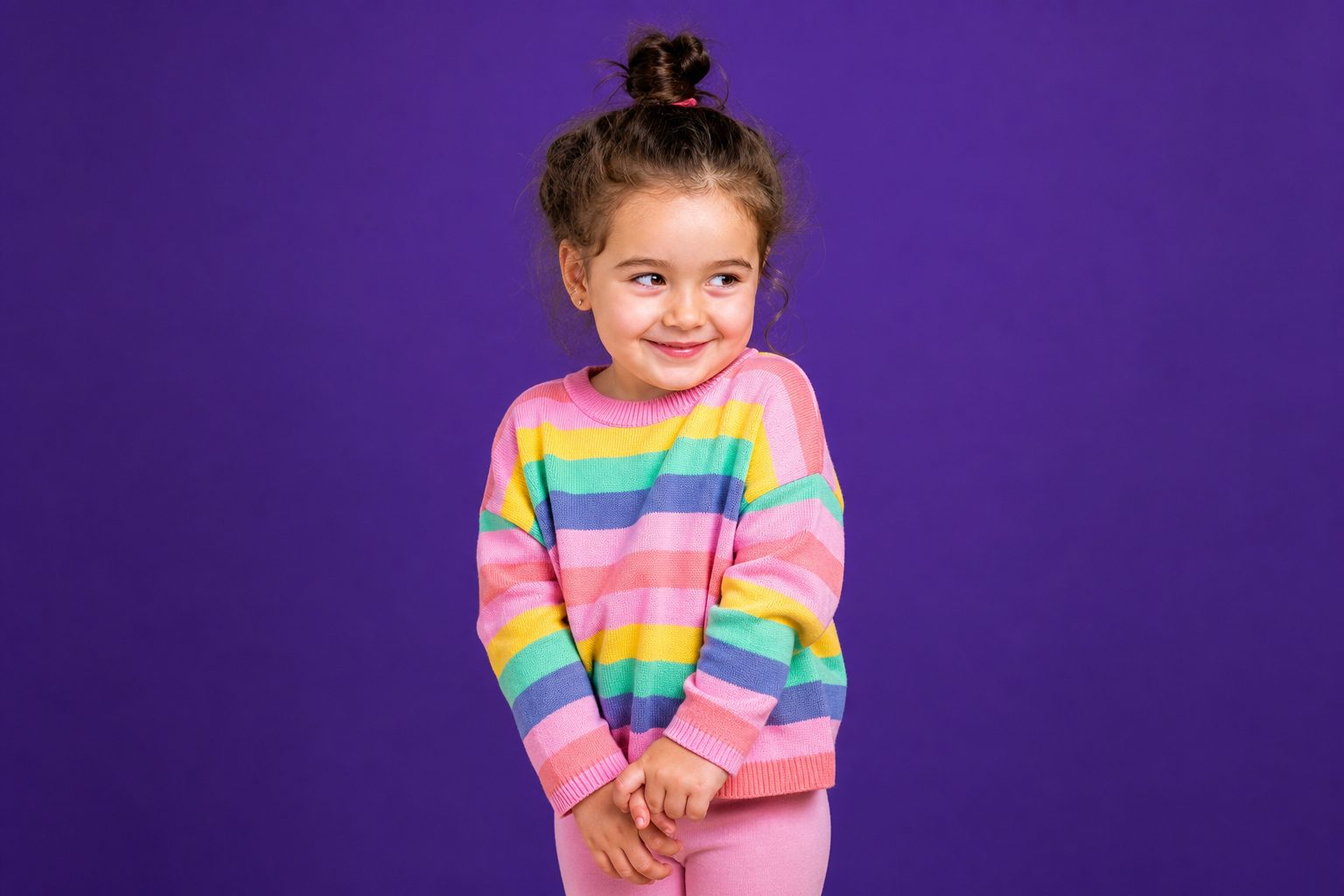 Child against a deep violet backdrop with a shy smile