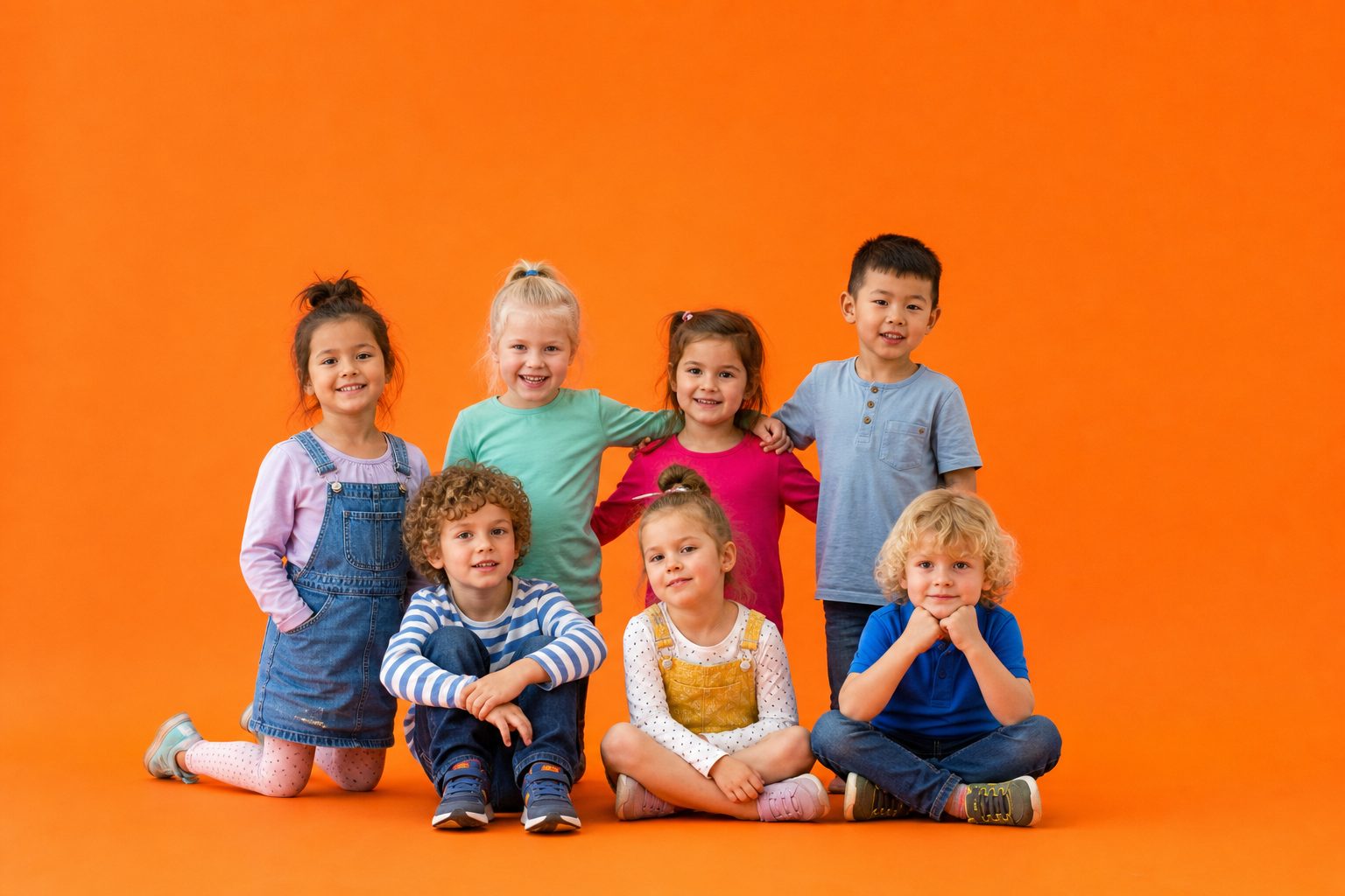 Room group of preschoolers against an enormous bright orange backdrop