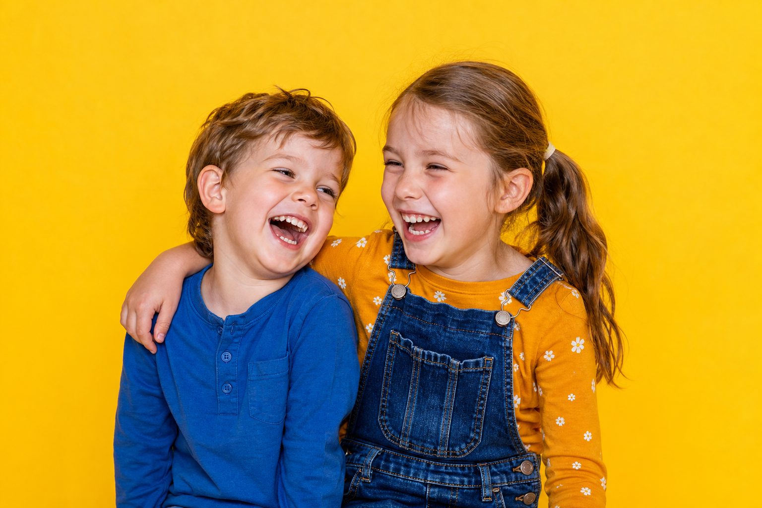 Two siblings against a sunny yellow backdrop laughing together