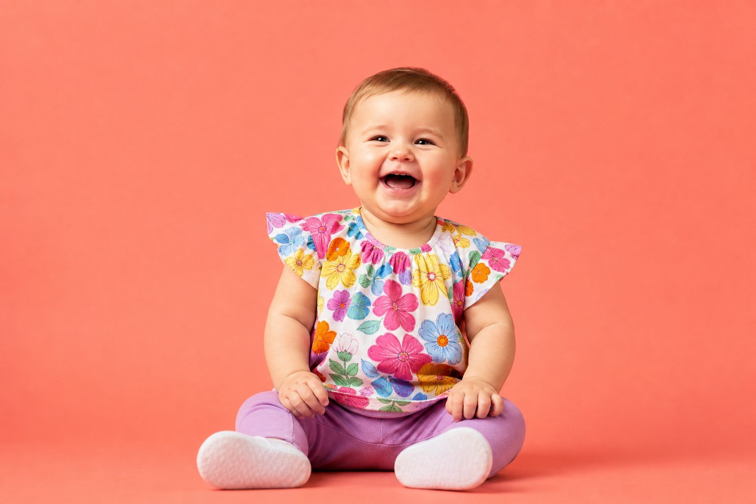 Baby against a soft coral backdrop beaming