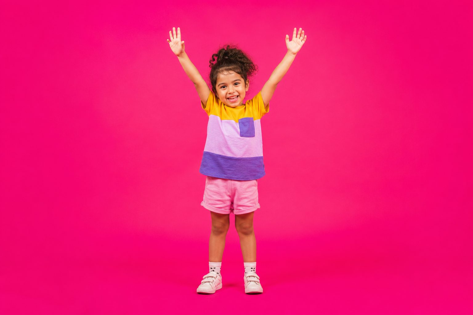 Child against a magenta backdrop with arms in the air
