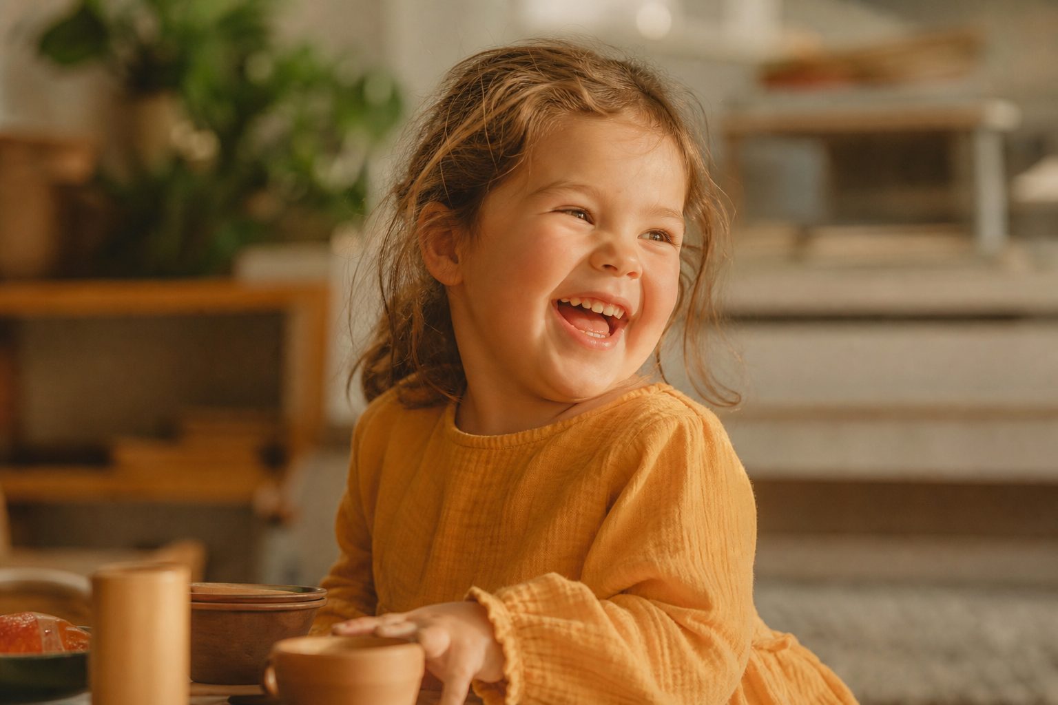 A happy child laughing in warm golden coastal light