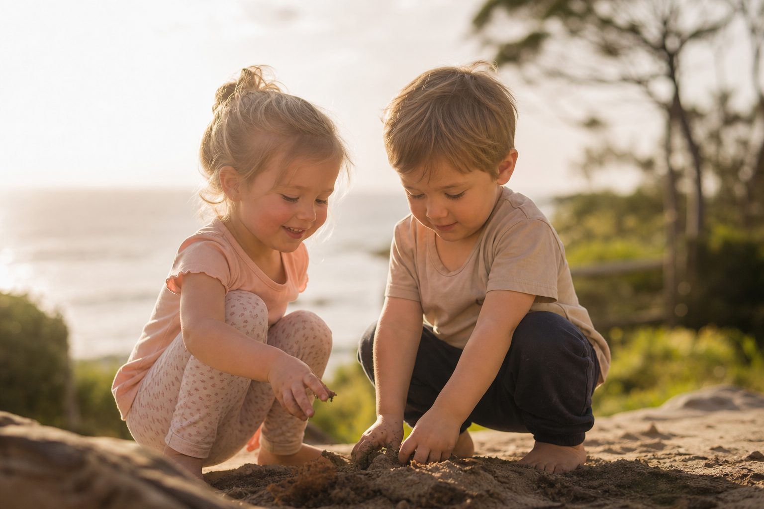 Children playing outdoors near the coast in warm afternoon sunshine