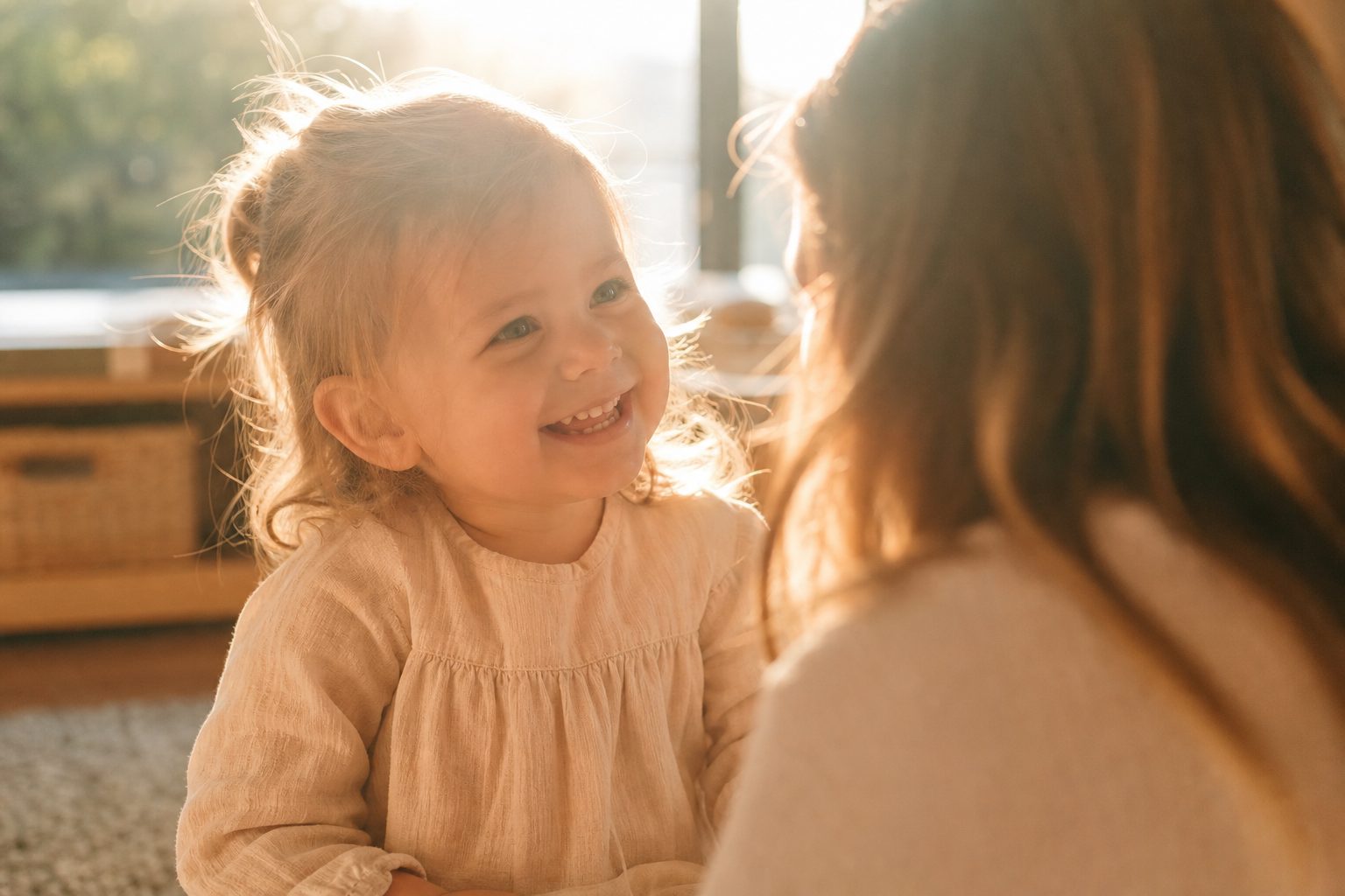 Toddler smiling in golden light with sun flare