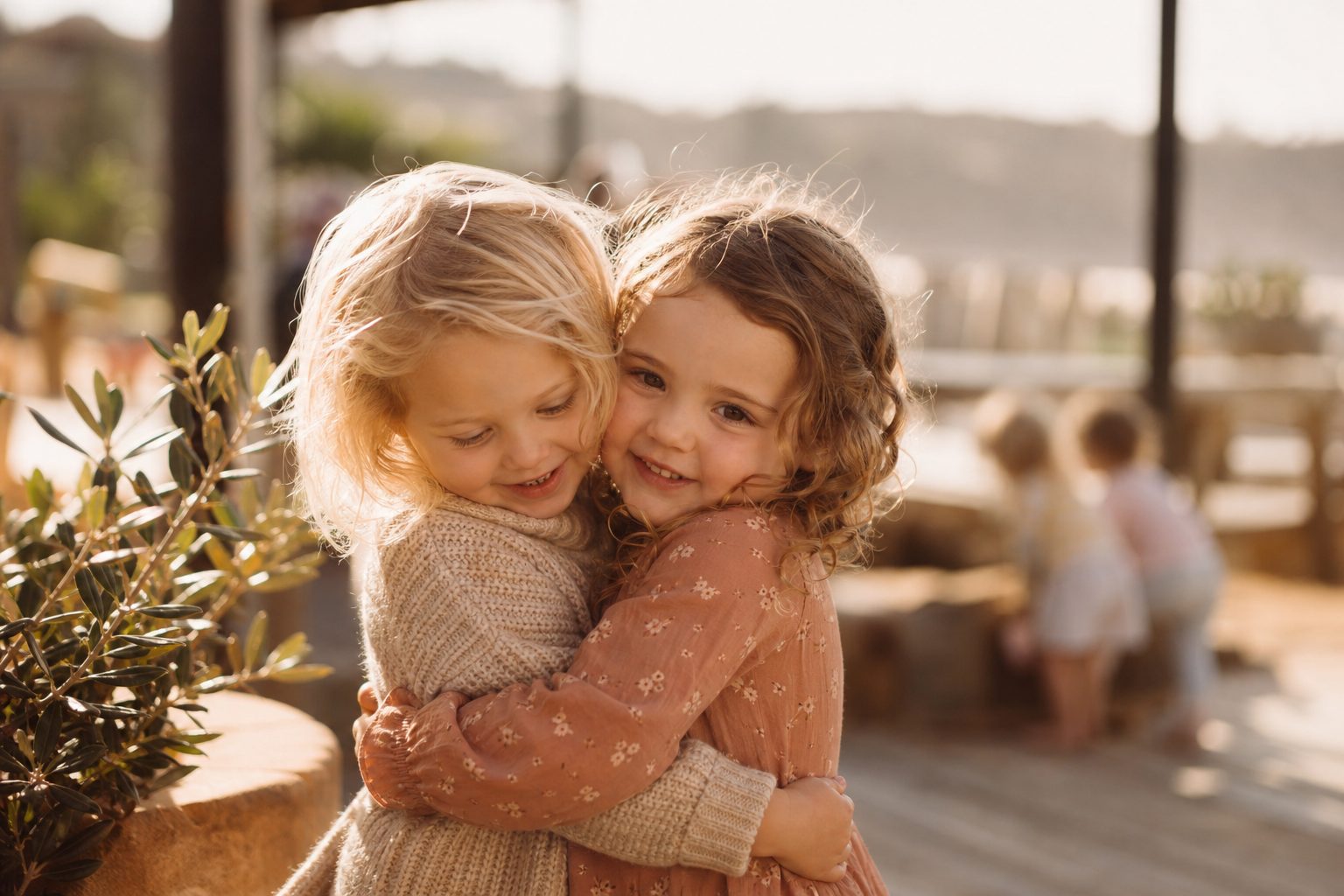 Two children hugging outdoors in warm afternoon sun