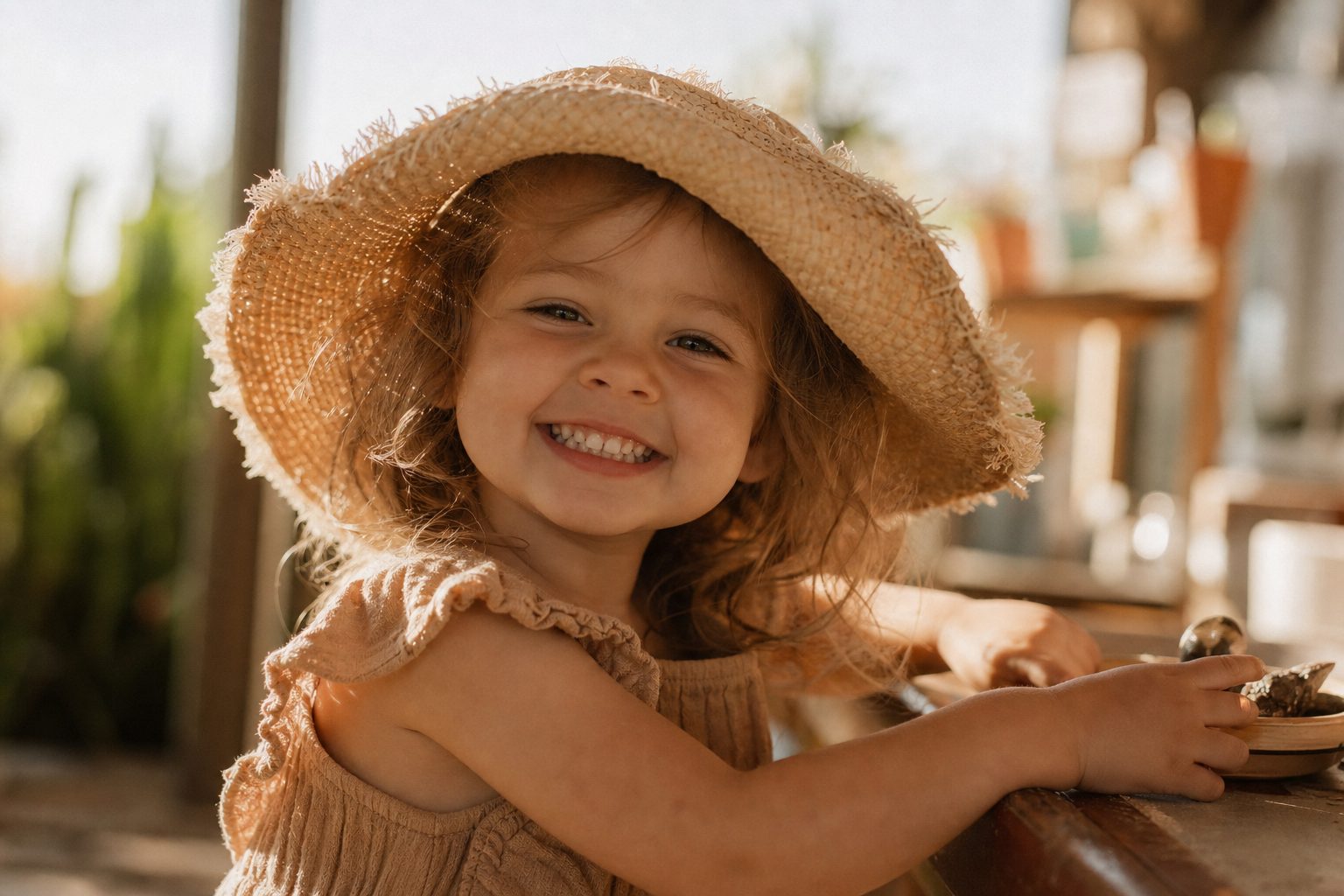Child in a sun hat beaming at the camera
