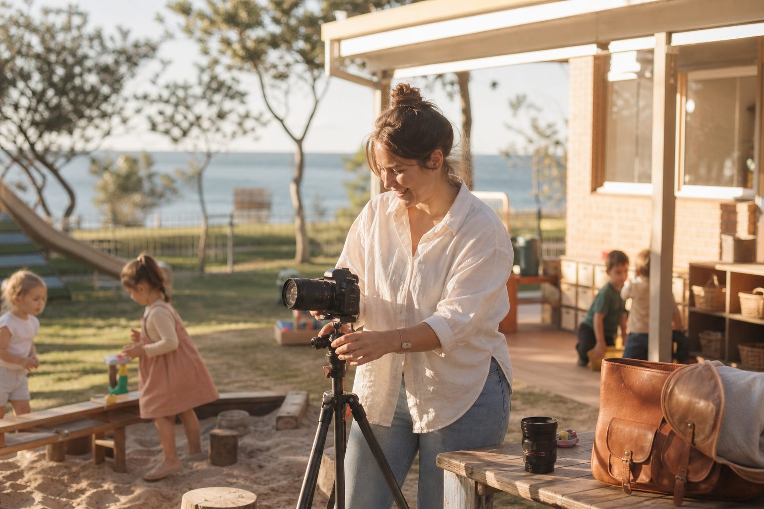 Photographer setting up gear in a sunny childcare yard by the coast
