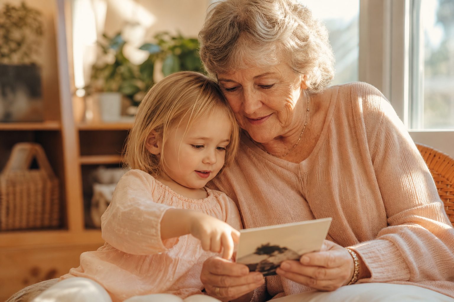 Grandparent and child looking at a printed photograph together in warm light