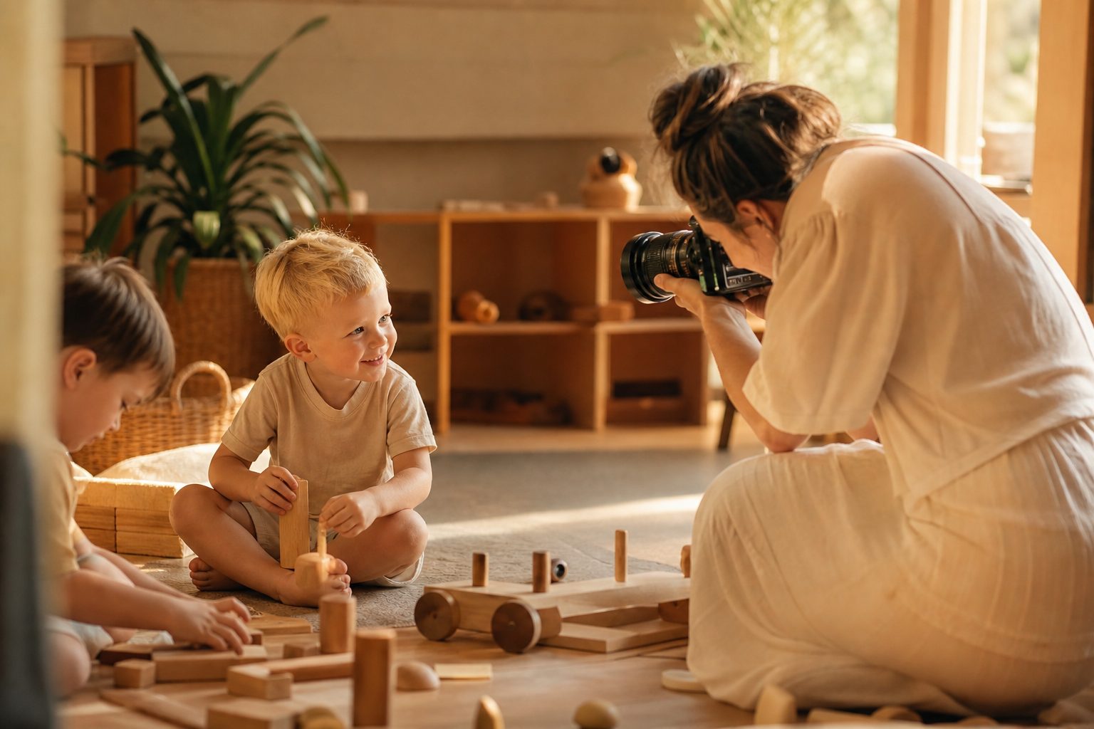 Sunny childcare room with children playing while a photographer works
