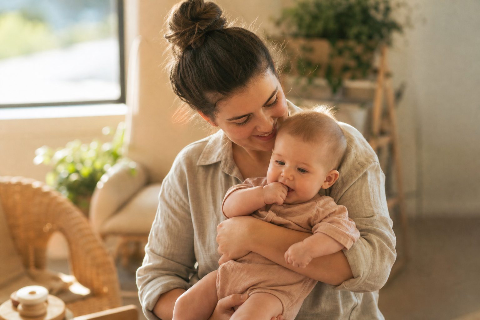 Educator gently holding a baby in soft warm window light