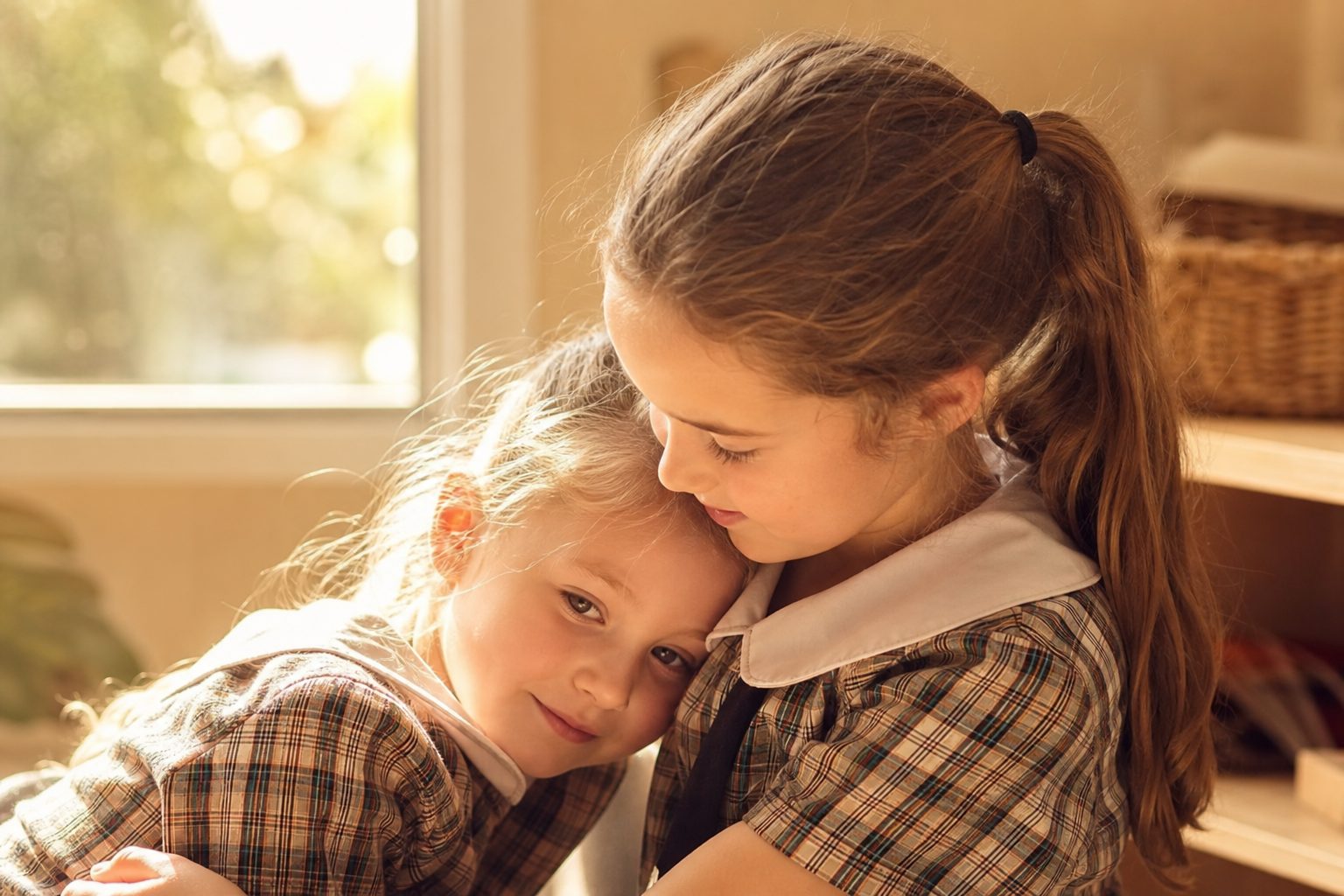 Primary students in uniform photographed in warm natural light