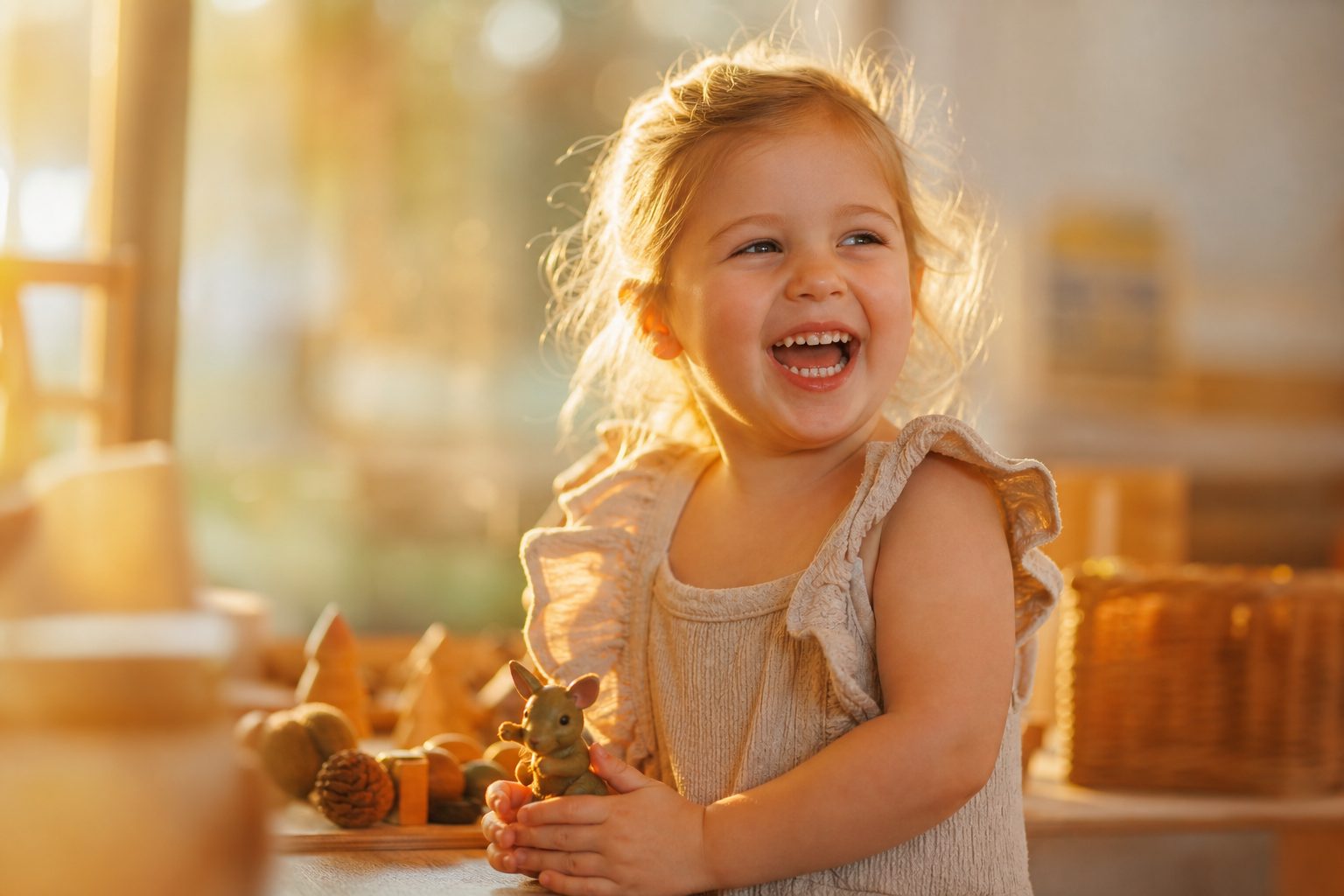 Child laughing in warm golden window light