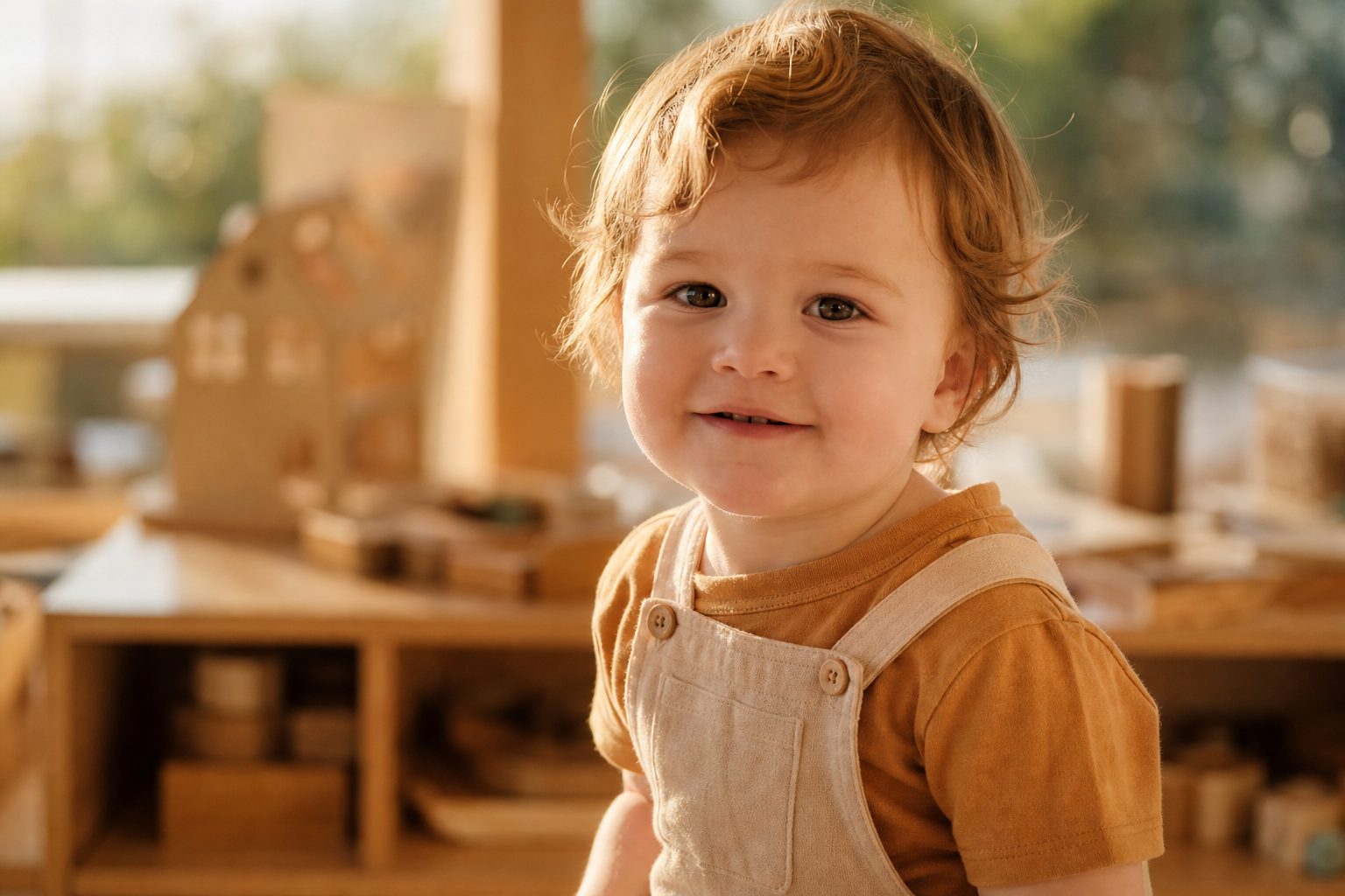 Toddler smiling softly in warm afternoon sun