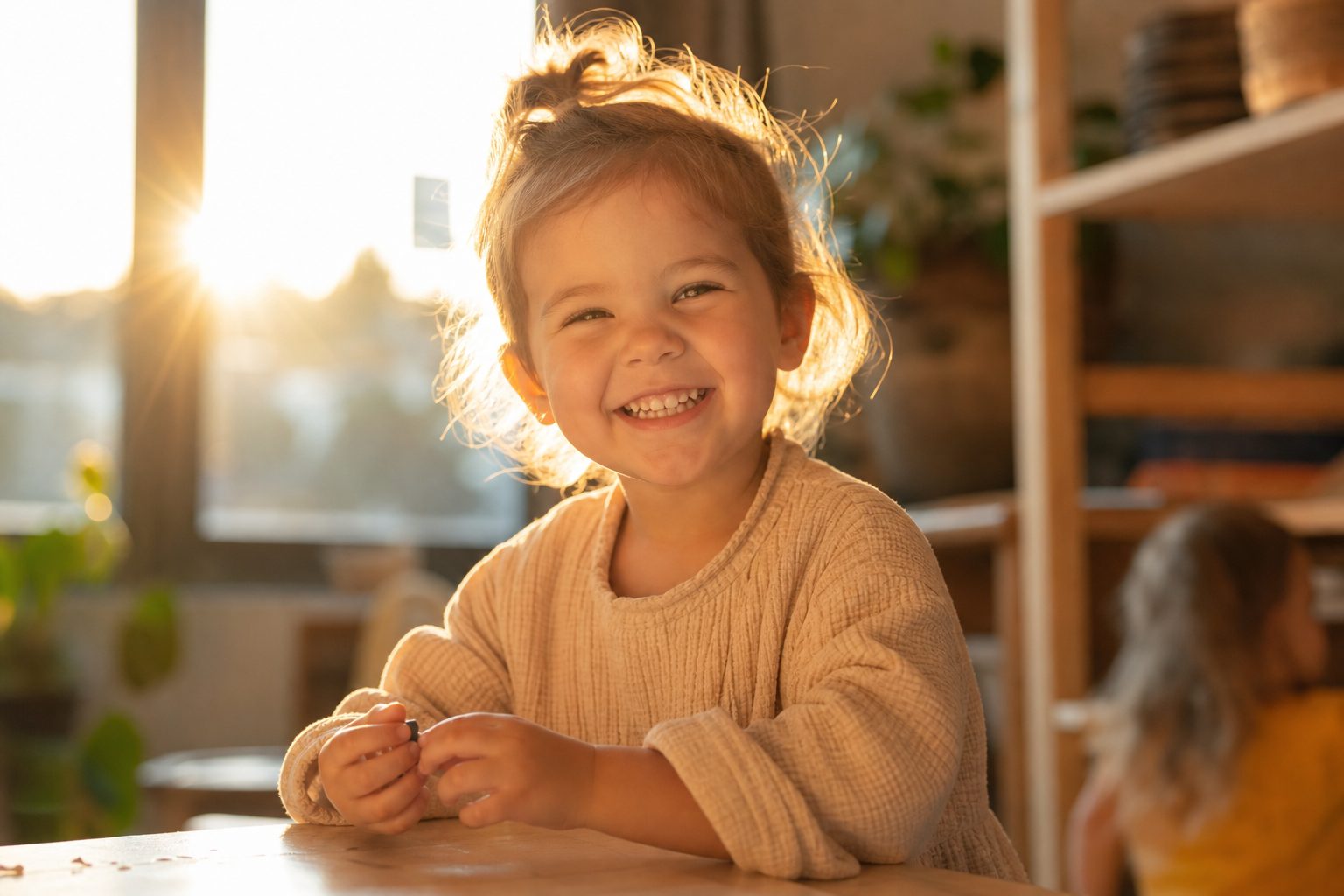 Child with sun flare behind them beaming
