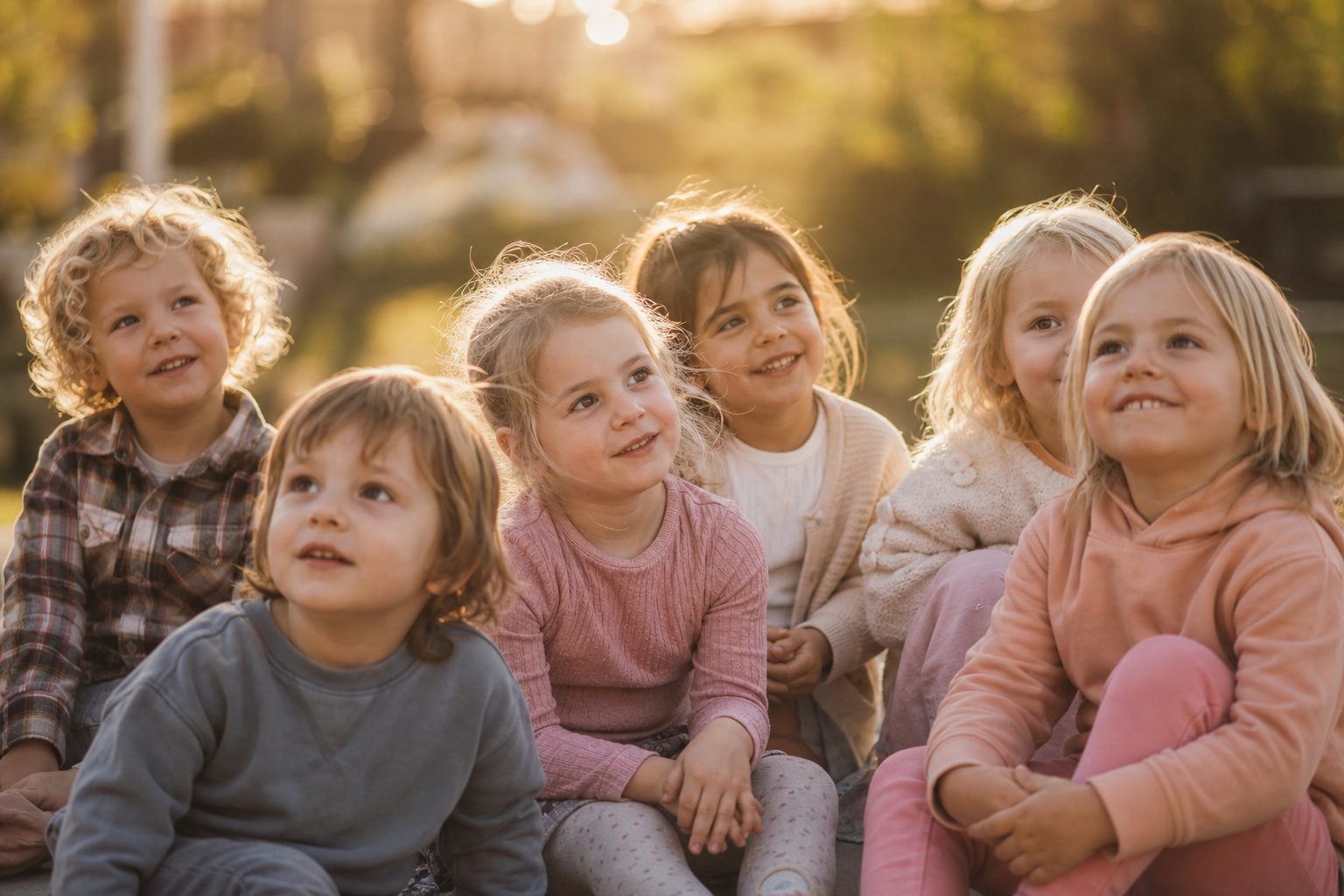 Room group of preschool children outdoors in warm light