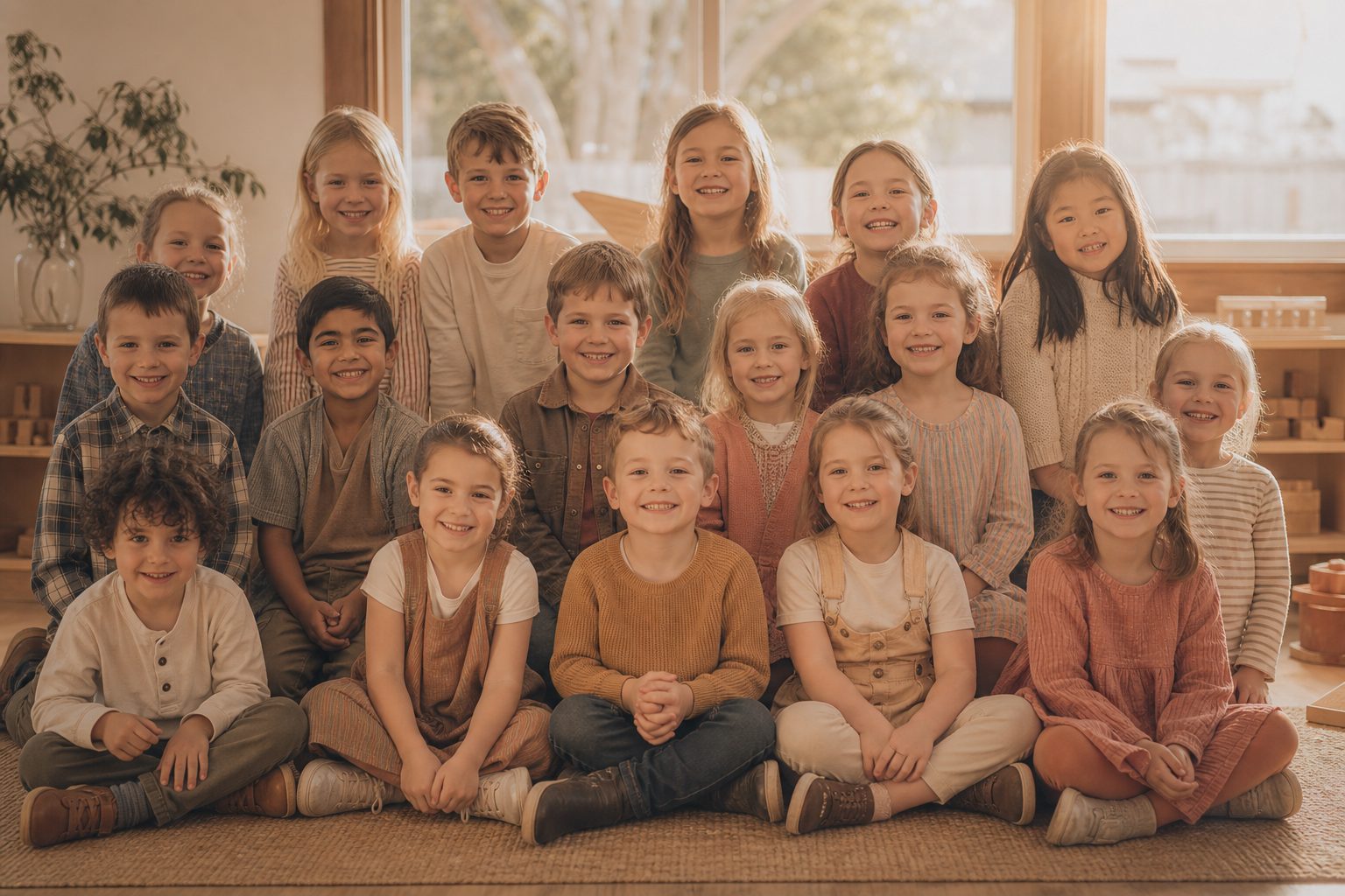 Traditional class photograph of primary students in warm natural light