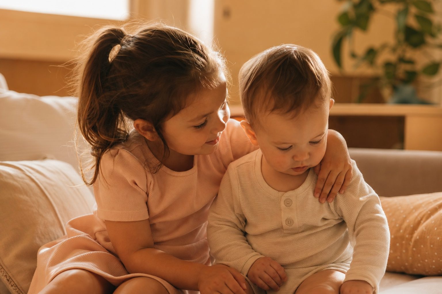 Two siblings sitting together in golden light